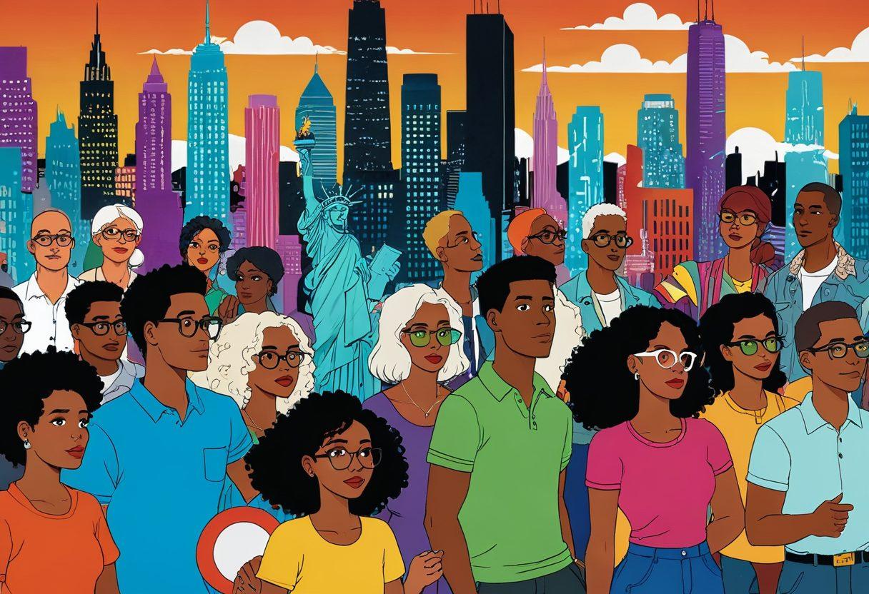 A dynamic collage featuring vivid scenes from popular adult animations, highlighting diverse characters and provocative storylines, with elements representing taboo themes like social justice and personal freedom. Include a colorful city skyline in the background, with each scene bursting with expressive facial expressions and bold outlines. The overall composition should evoke a sense of adventure and exploration. super-realistic. vibrant colors. 3D.