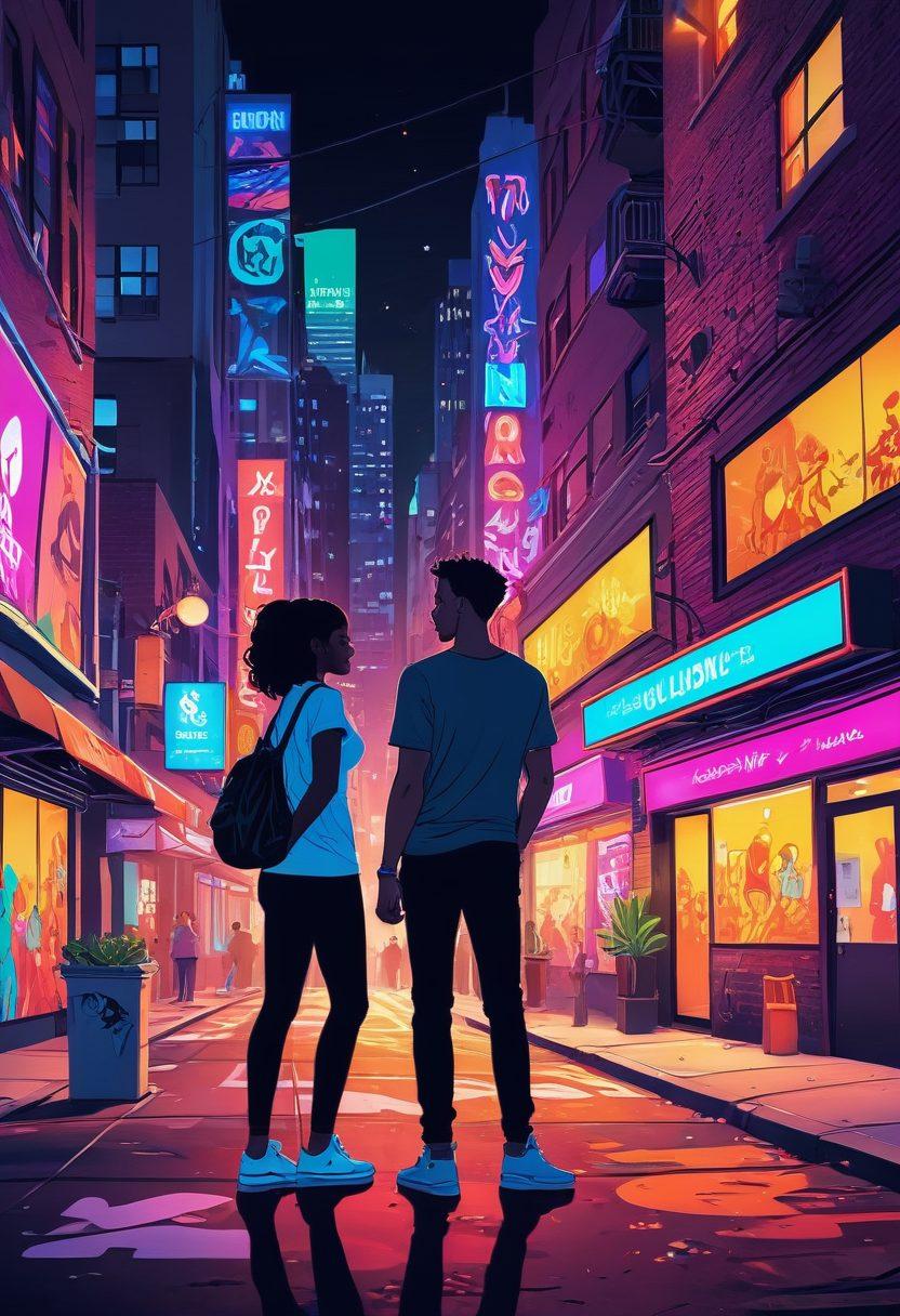 A vibrant scene depicting a whimsical blend of adult animation styles and modern sexuality, featuring diverse cartoon characters engaging in playful flirtation amidst a lively cityscape. The background showcases colorful neon lights and playful graffiti art that hints at a fusion of fantasy and reality. Characters are stylized with exaggerated features and expressions that highlight their playful and cheeky nature. Playful yet tasteful elements of intimacy are suggested through body language and interaction. The overall image should evoke a sense of fun, inclusivity, and bold exploration. vibrant colors. vector art.