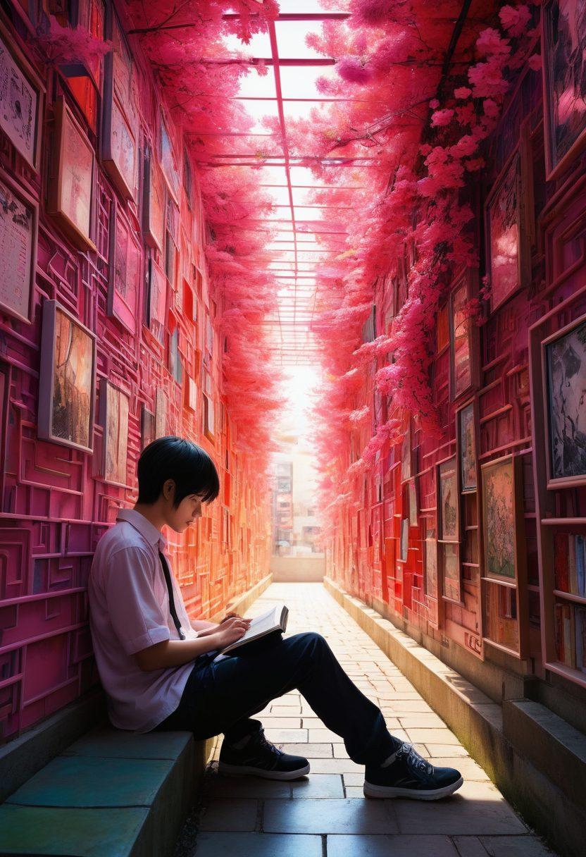 A captivating scene depicting a young adult reading a manga with sensual illustrations, surrounded by a maze of vibrant, colorful panels showcasing various taboo themes in the background. Include subtle hints of red and pink, symbolizing desire and passion. The atmosphere should feel immersive and slightly surreal, blending reality with the fantasy of manga worlds. The character should express curiosity and intrigue. vibrant colors. super-realistic. surreal touches.